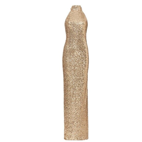 badgley mischka Gold Mix High Neck Gown Size 12 - Picture 3 of 12